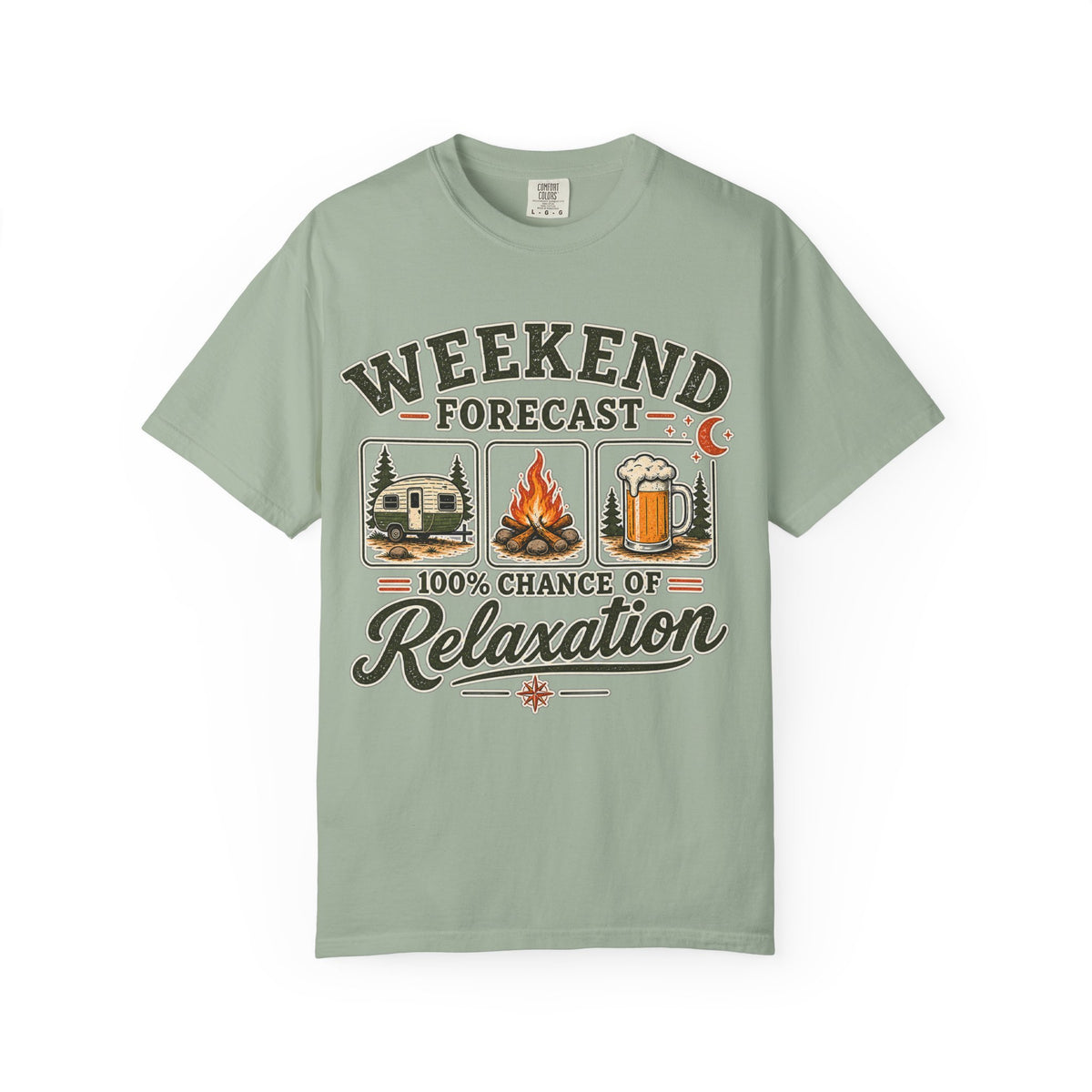 Weekend Forecast T-Shirt — 100% Chance of Relaxation Camping & Beer Graphic Tee