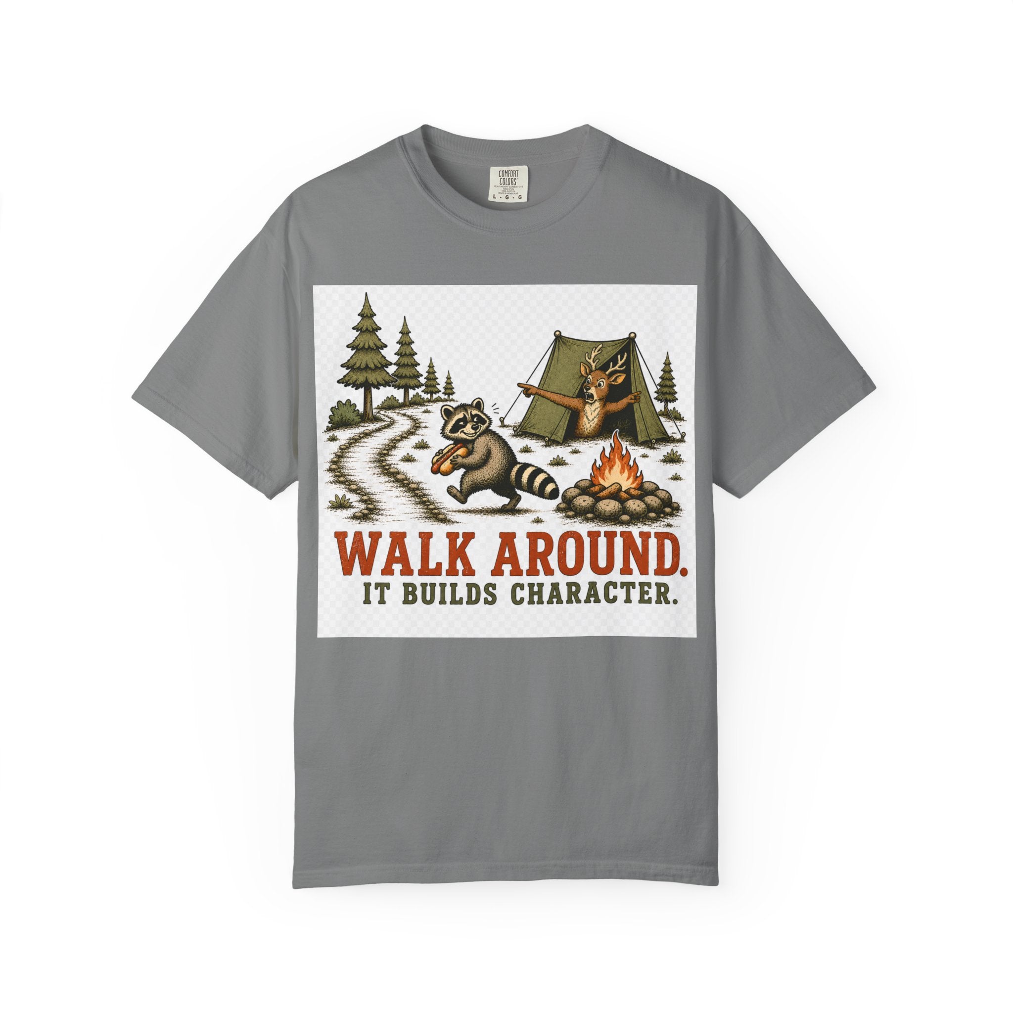 Camping T-Shirt — "Walk Around. It Builds Character." Retro Raccoon Campfire Design