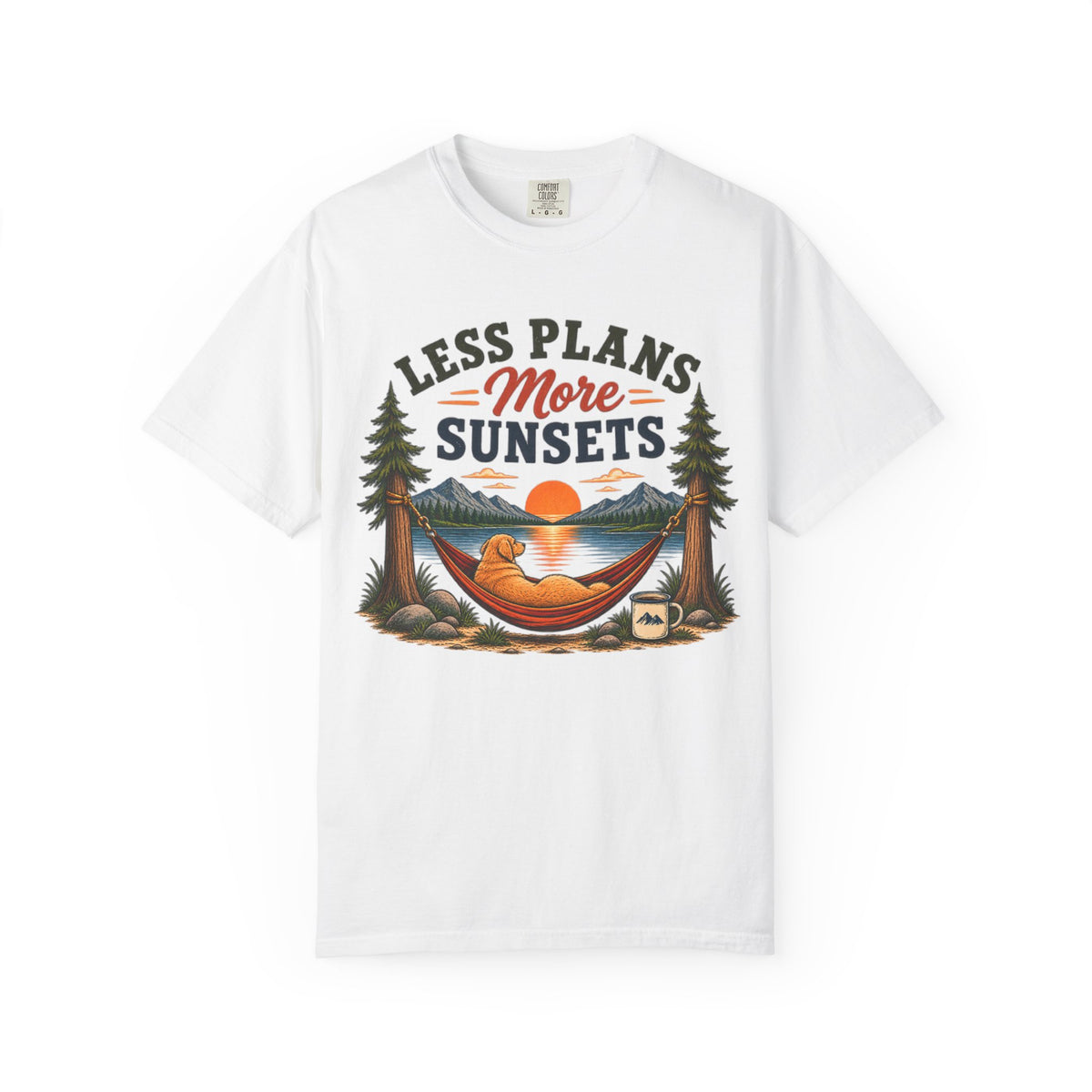 Less Plans More Sunsets T-Shirt — Relaxed Outdoor Camping Tee