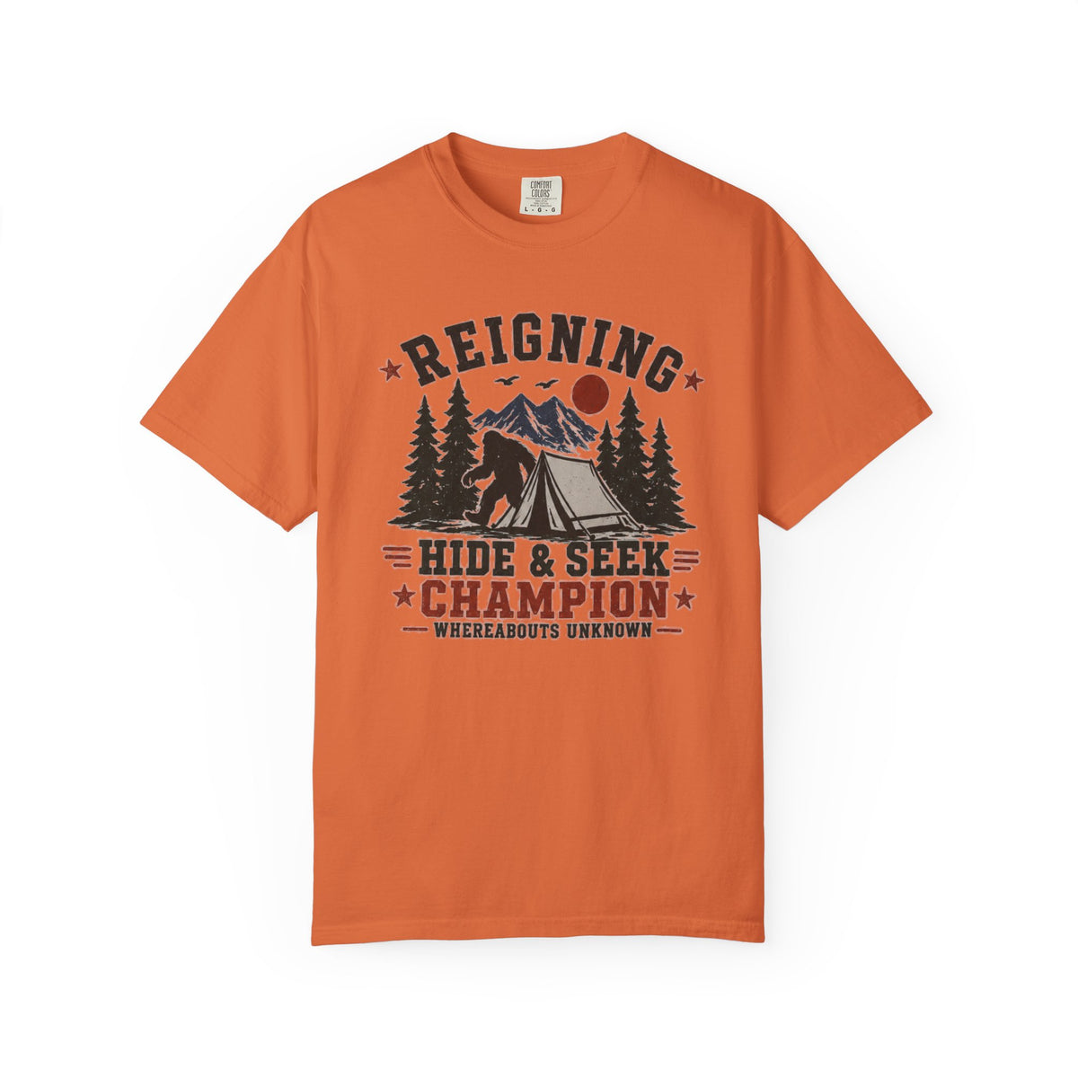 Hide & Seek Champion Camping T-Shirt — Outdoor Tent, Mountains & Trees Design