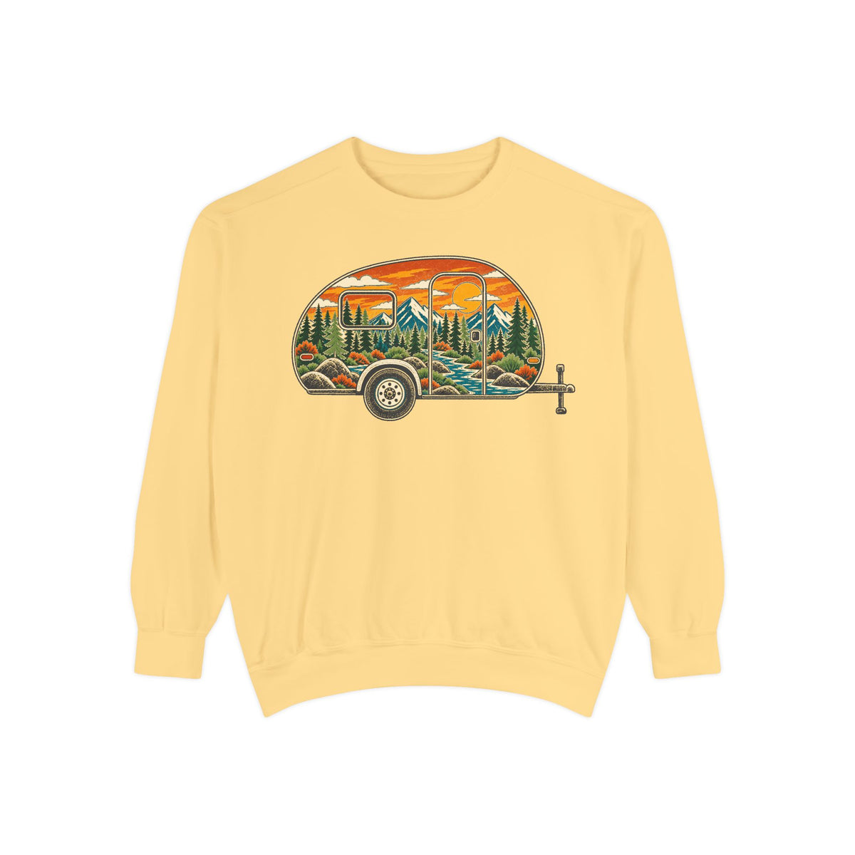 Camper Trailer Crewneck Sweatshirt — Vintage Sunset Mountain RV Camping Design