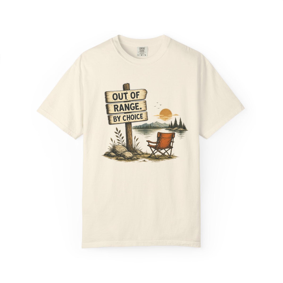 Camping T-Shirt — "Out of Range by Choice" Outdoor Relaxing Graphic Tee