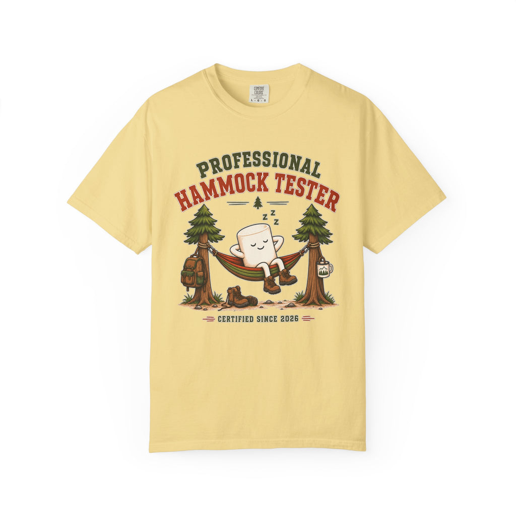 Professional Hammock Tester T-Shirt — Funny Camping Marshmallow Graphic