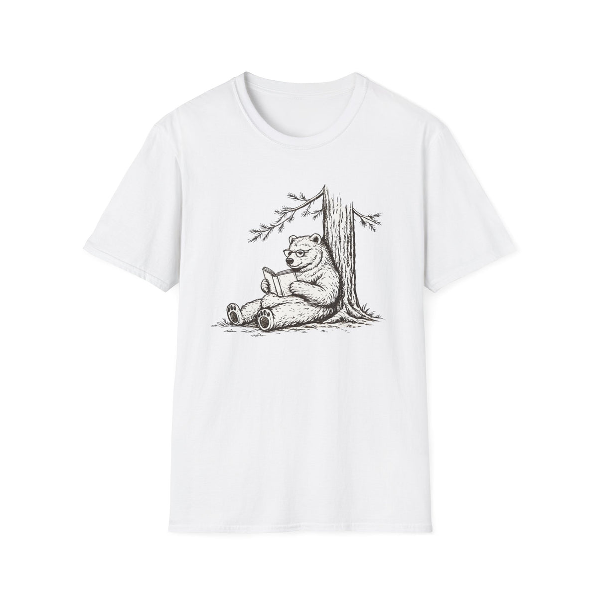Bear Reading T-Shirt — Vintage Sketch Bear Under Tree Graphic Tee