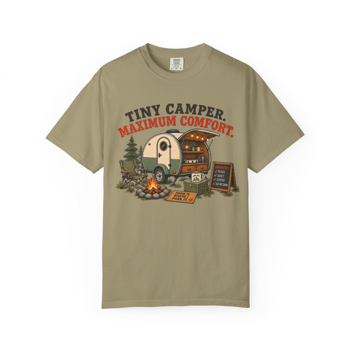 Tiny Camper T-Shirt — “Tiny Camper, Maximum Comfort” Retro Camping Tee