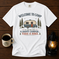 Camping T-Shirt — "Welcome to Camp: If You're Not a Happy Camper, Take a Hike" Vintage Camper Tee