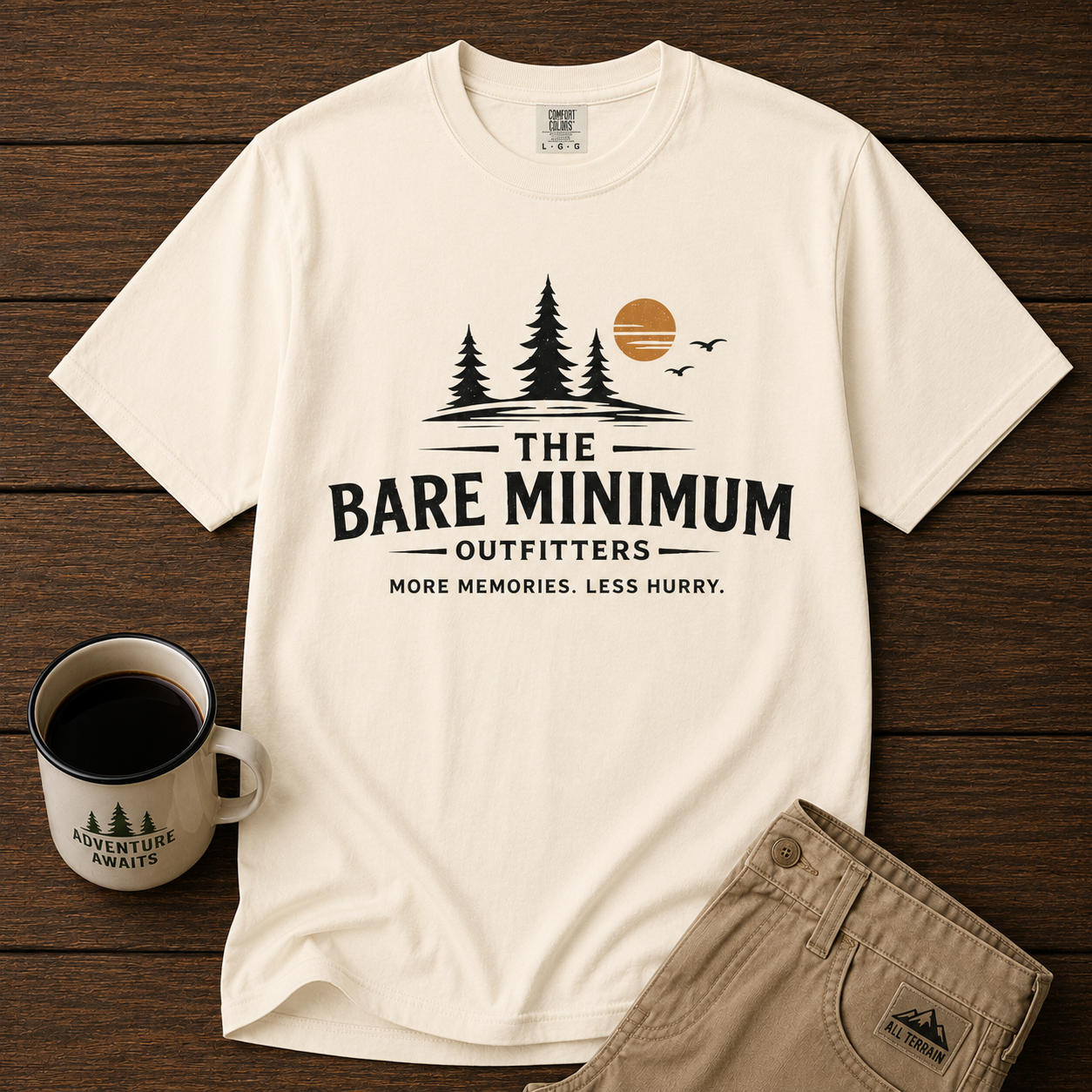 Bare Minimum Outfitters logo T-shirt | outdoor trees sunset graphic tee