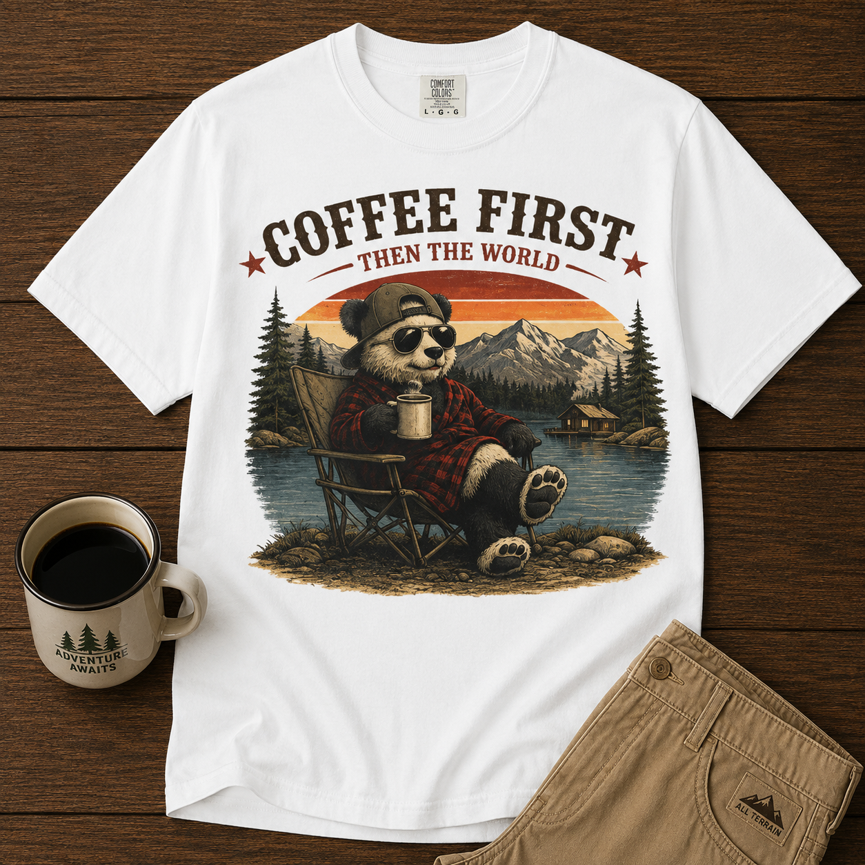 Coffee First T-Shirt — Camping Panda Graphic Tee