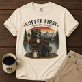 Coffee First Bear T-Shirt — Retro Camping Coffee Lover Tee