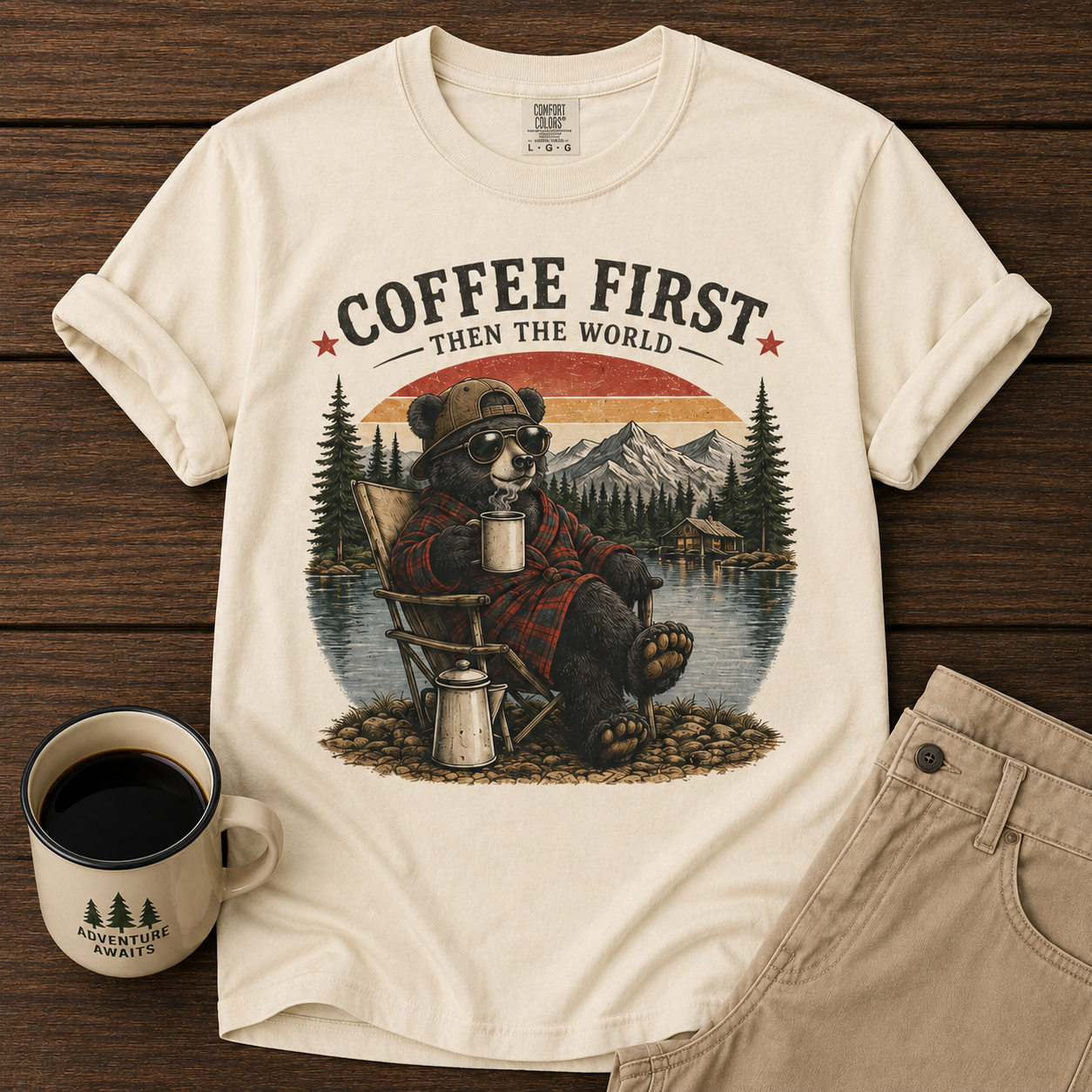 Coffee First Bear T-Shirt — Retro Camping Coffee Lover Tee