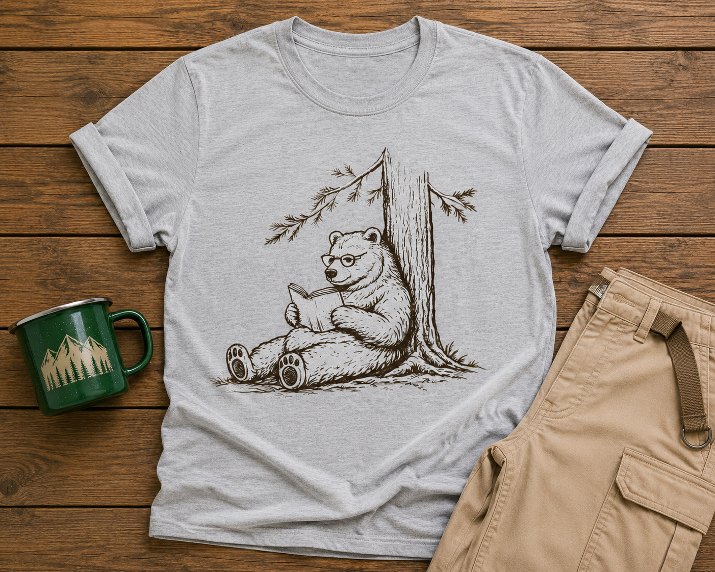 Bear Reading T-Shirt — Vintage Sketch Bear Under Tree Graphic Tee