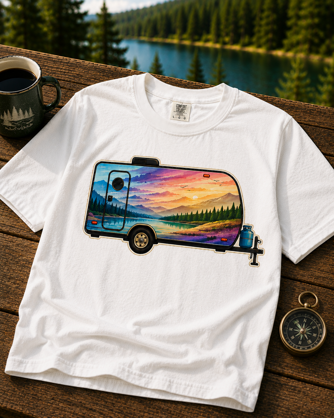 Camper Sunset T-Shirt — Scenic Travel Trailer Graphic Tee