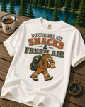 T-Shirt — "Powered by Snacks & Fresh Air" Hiking Bear Graphic Tee
