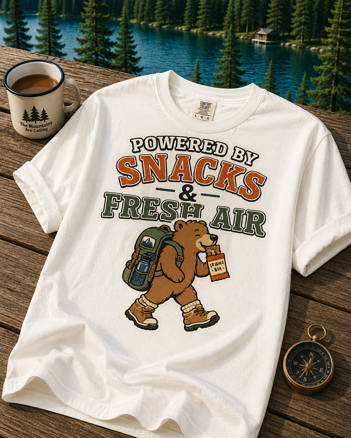 T-Shirt — "Powered by Snacks & Fresh Air" Hiking Bear Graphic Tee