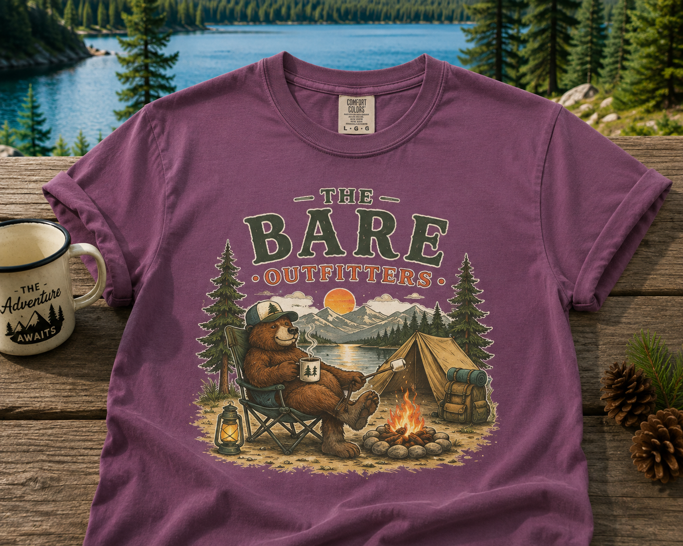 Camping Bear Graphic T-Shirt — “The Bare Outfitters” Outdoor Campfire Tee