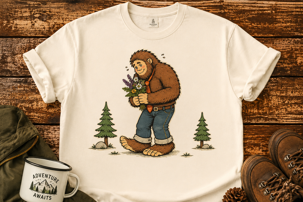 Bigfoot Lumberjack Graphic T-Shirt — Sasquatch Holding Pinecone Design