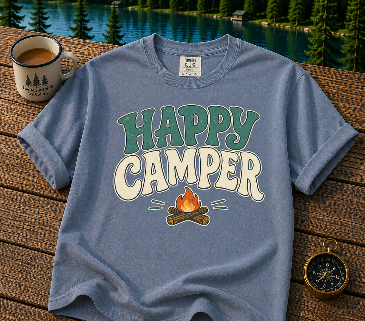 Happy Camper T-Shirt — Retro Campfire Graphic Tee