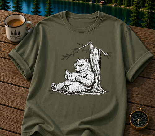 Bear Reading T-Shirt — Vintage Sketch Bear Under Tree Graphic Tee