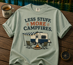 Camping T-Shirt — "Less Stuff, More Campfires" RV & Campfire Graphic Tee