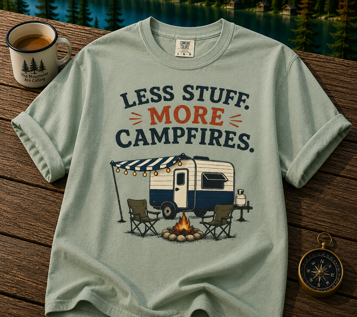 Camping T-Shirt — "Less Stuff, More Campfires" RV & Campfire Graphic Tee