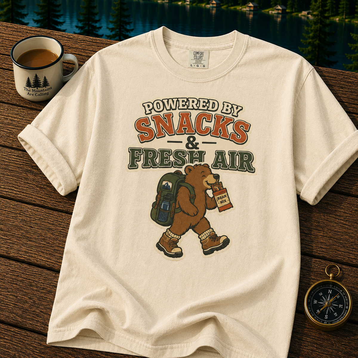 T-Shirt — "Powered by Snacks & Fresh Air" Hiking Bear Graphic Tee