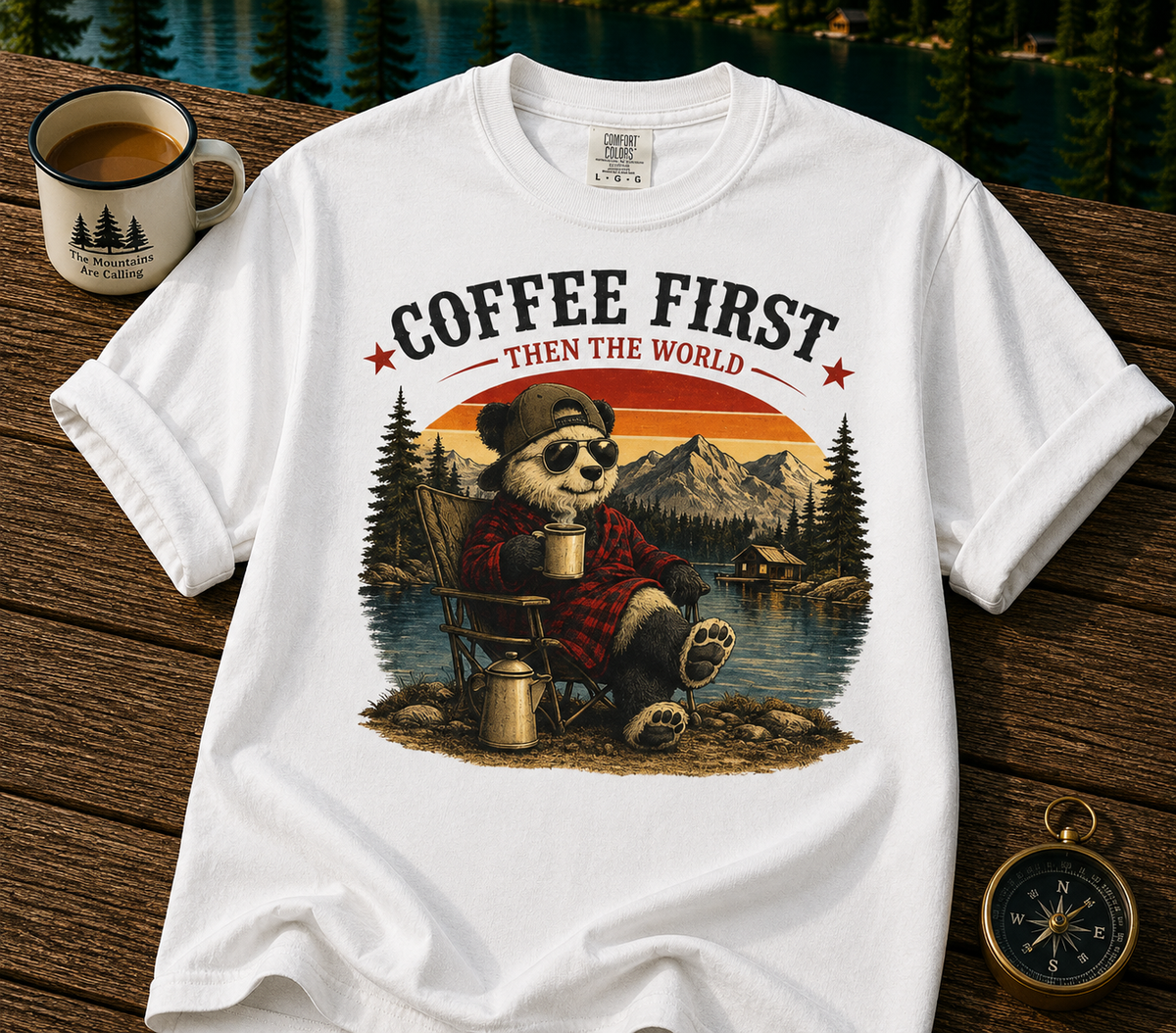 Coffee First T-Shirt — Camping Panda Graphic Tee