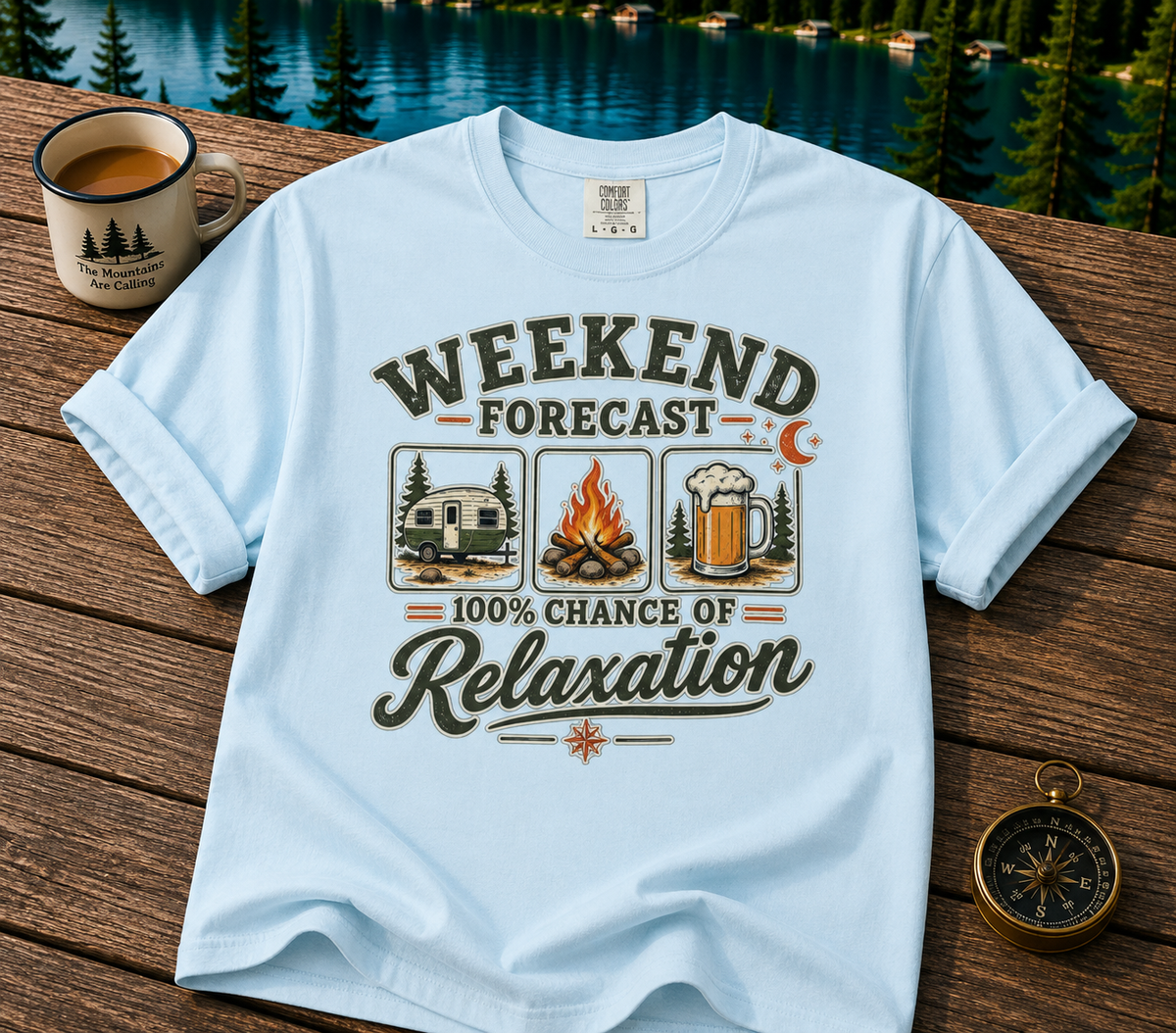 Weekend Forecast T-Shirt — 100% Chance of Relaxation Camping & Beer Graphic Tee
