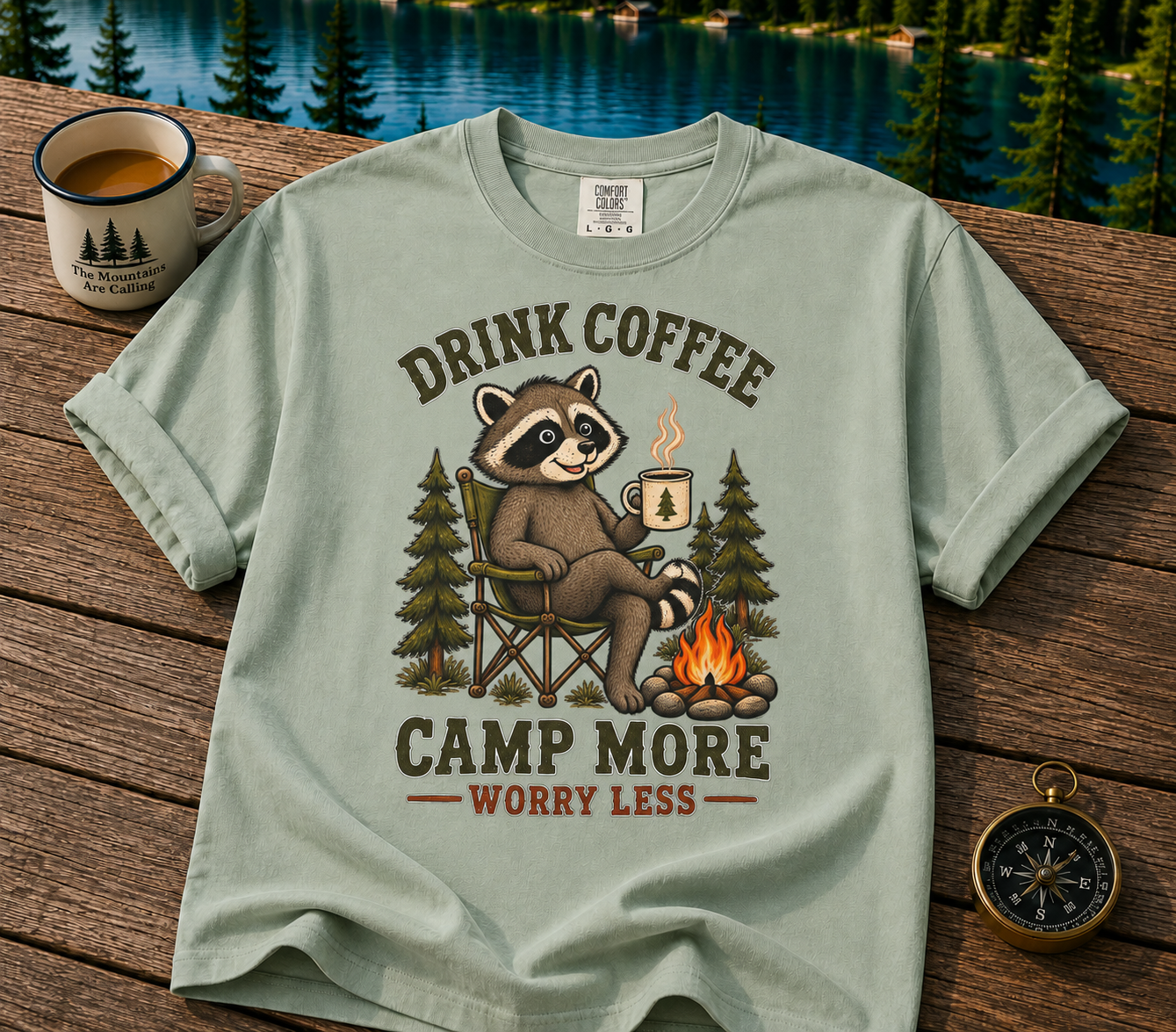 Drink Coffee, Camp More T-Shirt — Cute Raccoon Campfire Graphic