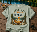 Less Plans More Sunsets T-Shirt — Relaxed Outdoor Camping Tee