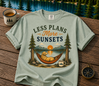 Less Plans More Sunsets T-Shirt — Relaxed Outdoor Camping Tee