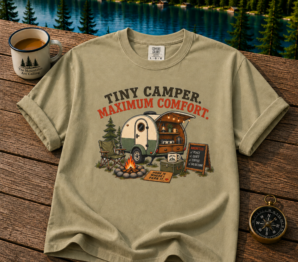 Tiny Camper T-Shirt — “Tiny Camper, Maximum Comfort” Retro Camping Tee