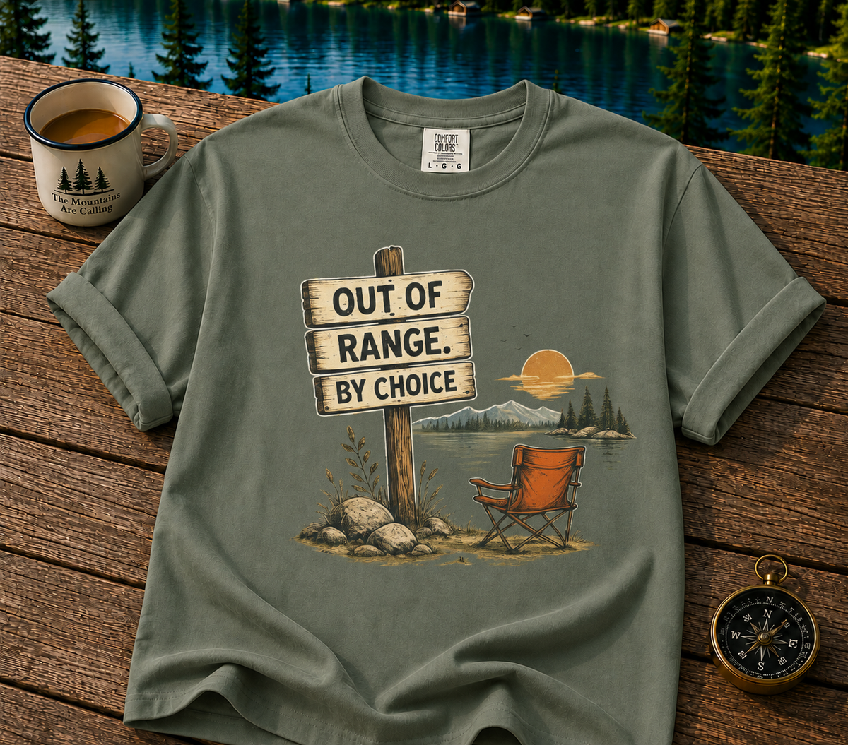 Camping T-Shirt — "Out of Range by Choice" Outdoor Relaxing Graphic Tee