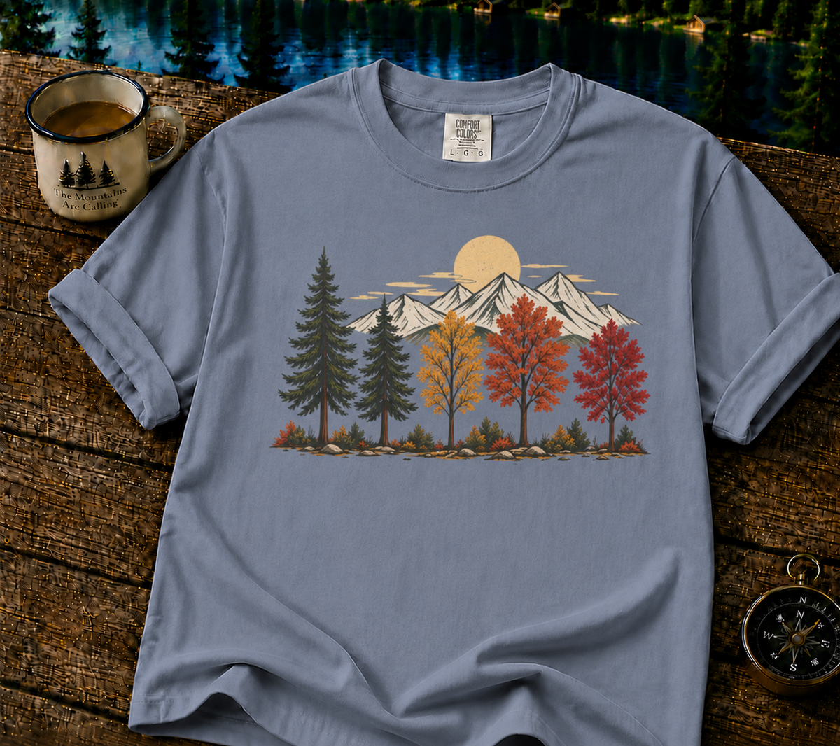 Autumn Mountain Forest T-Shirt — Scenic Fall Trees & Peaks Tee