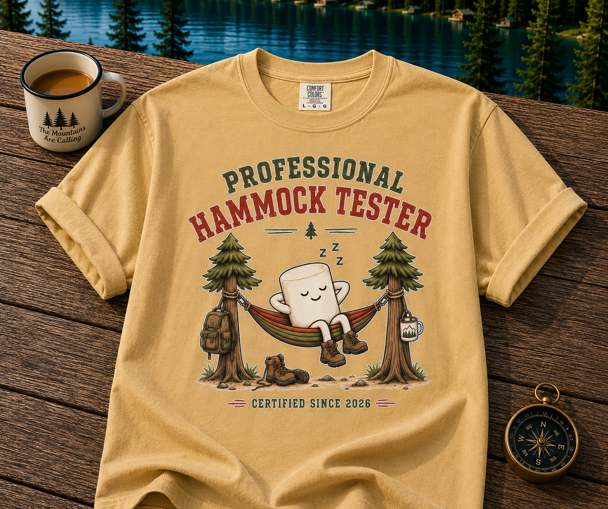 Professional Hammock Tester T-Shirt — Funny Camping Marshmallow Graphic