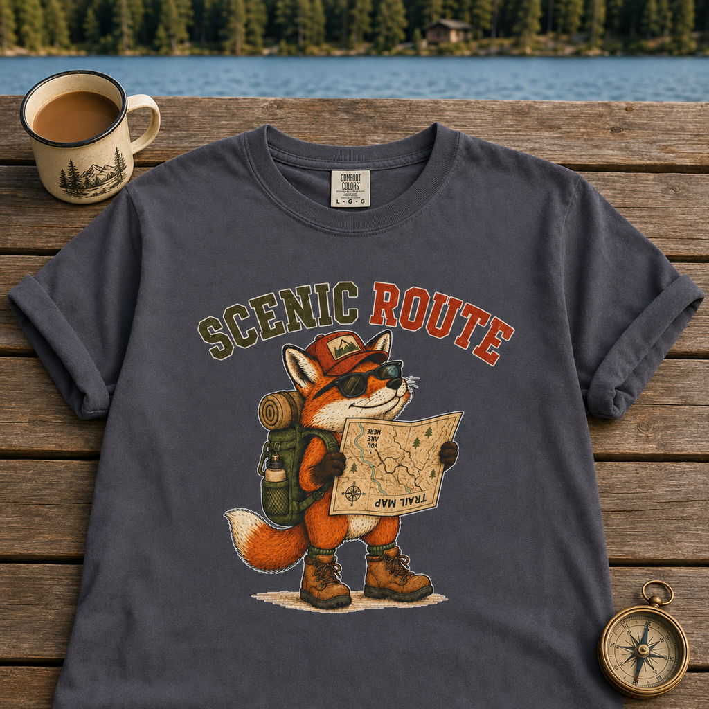 T-Shirt — Scenic Route Fox Hiker Map Graphic Tee
