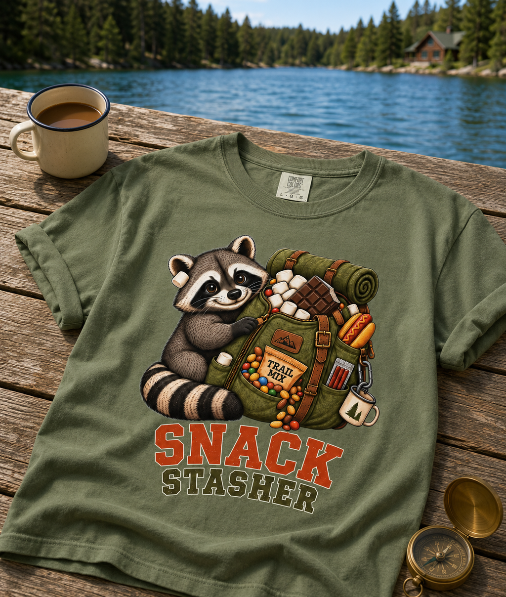 Snack Stasher T-Shirt — Cute Raccoon Backpacking Graphic Tee