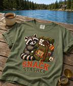 Snack Stasher T-Shirt — Cute Raccoon Backpacking Graphic Tee