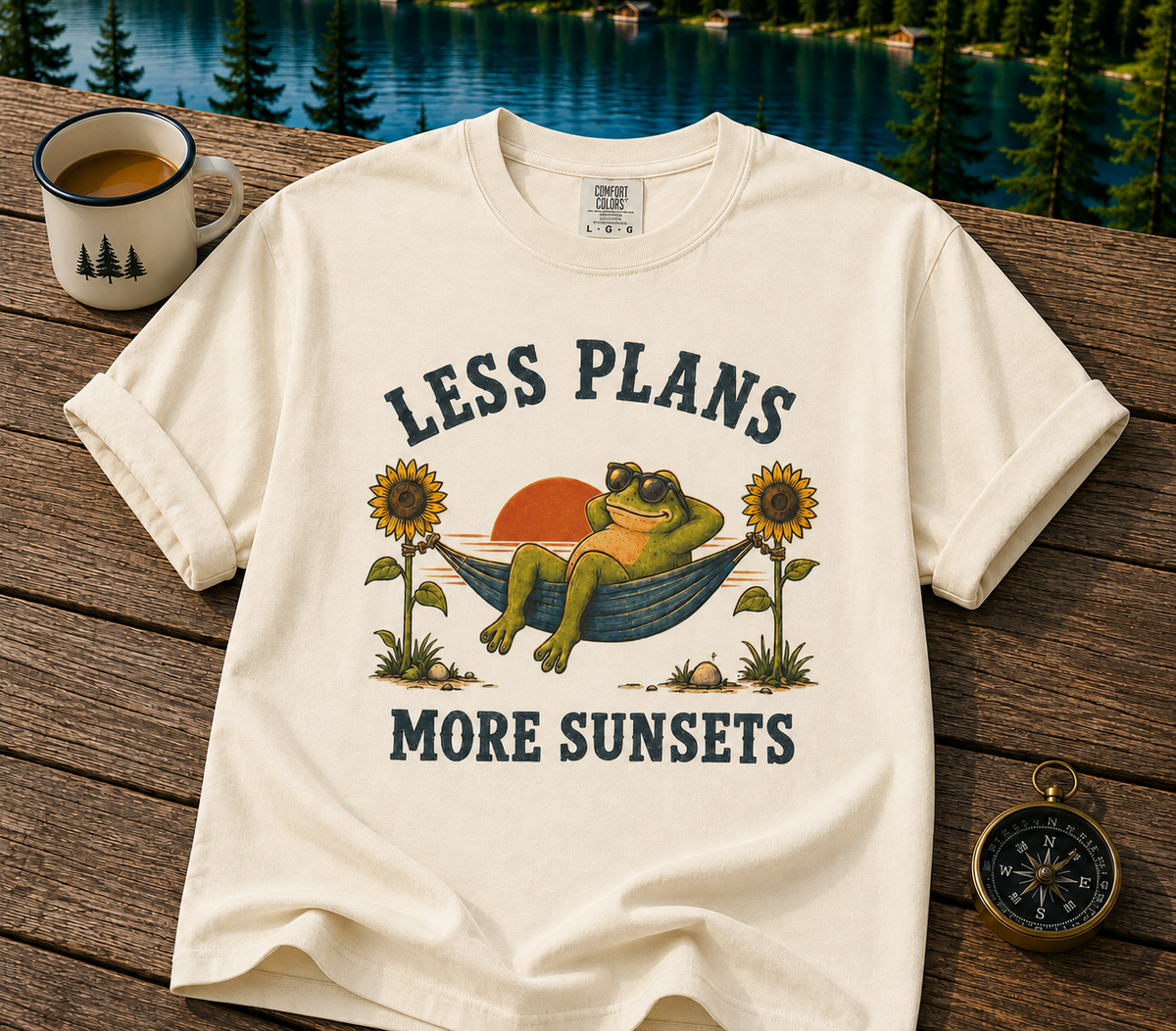 Less Plans More Sunsets T-Shirt — Relaxed Camping Graphic Tee