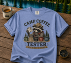 Camp Coffee Tester T-Shirt — Funny Raccoon Camper Coffee Lover Tee
