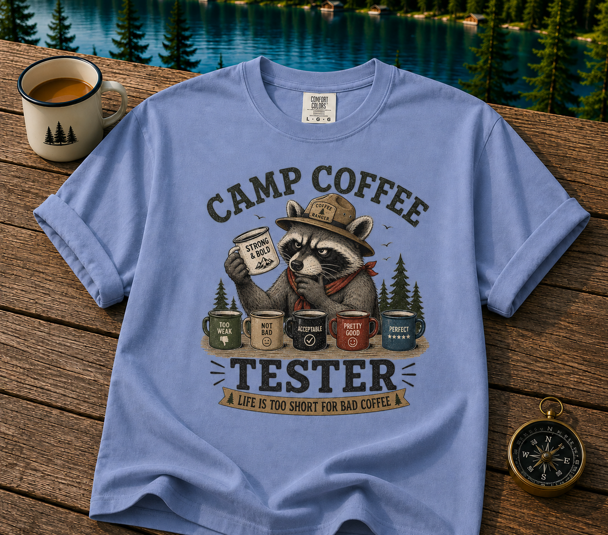 Camp Coffee Tester T-Shirt — Funny Raccoon Camper Coffee Lover Tee