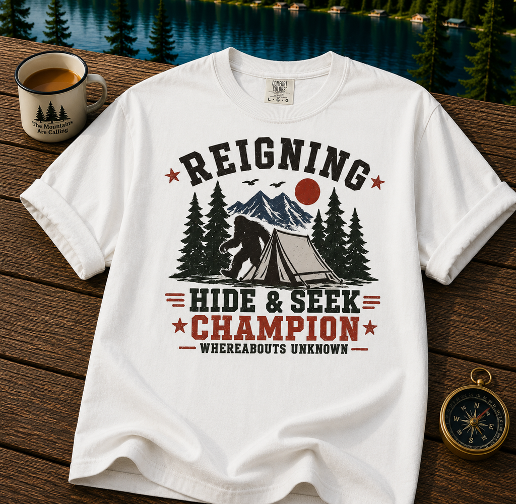Hide & Seek Champion Camping T-Shirt — Outdoor Tent, Mountains & Trees Design