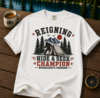 Hide & Seek Champion Camping T-Shirt — Outdoor Tent, Mountains & Trees Design