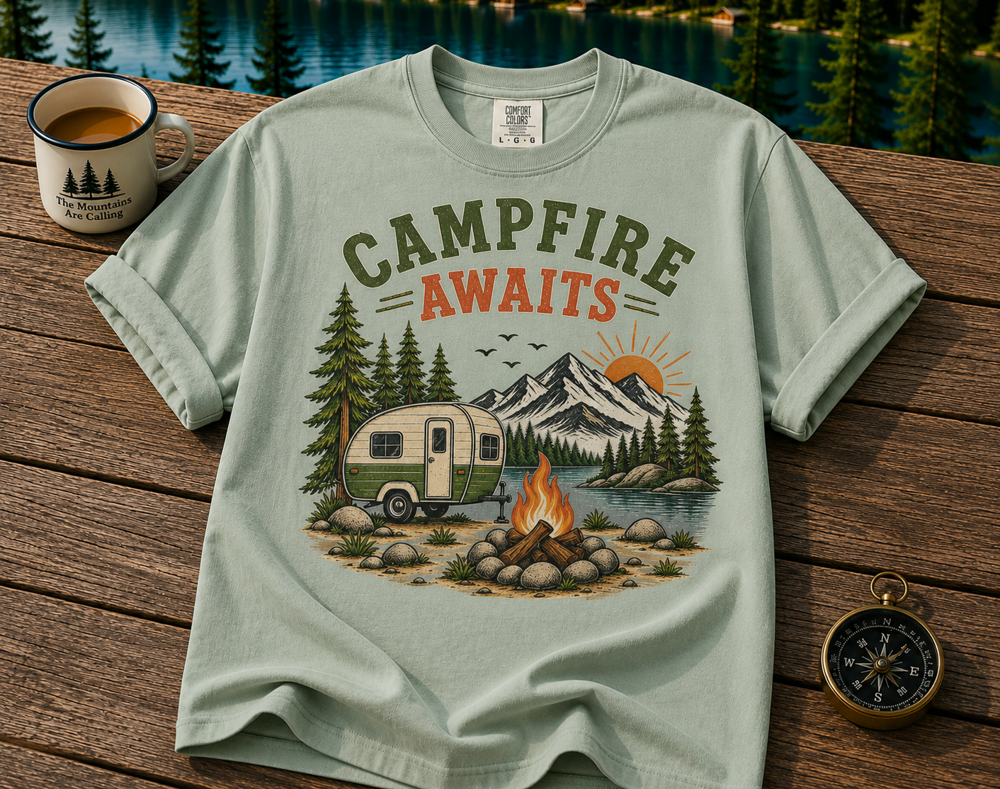 Campfire Awaits T-Shirt — Retro Camper Camping Graphic Tee