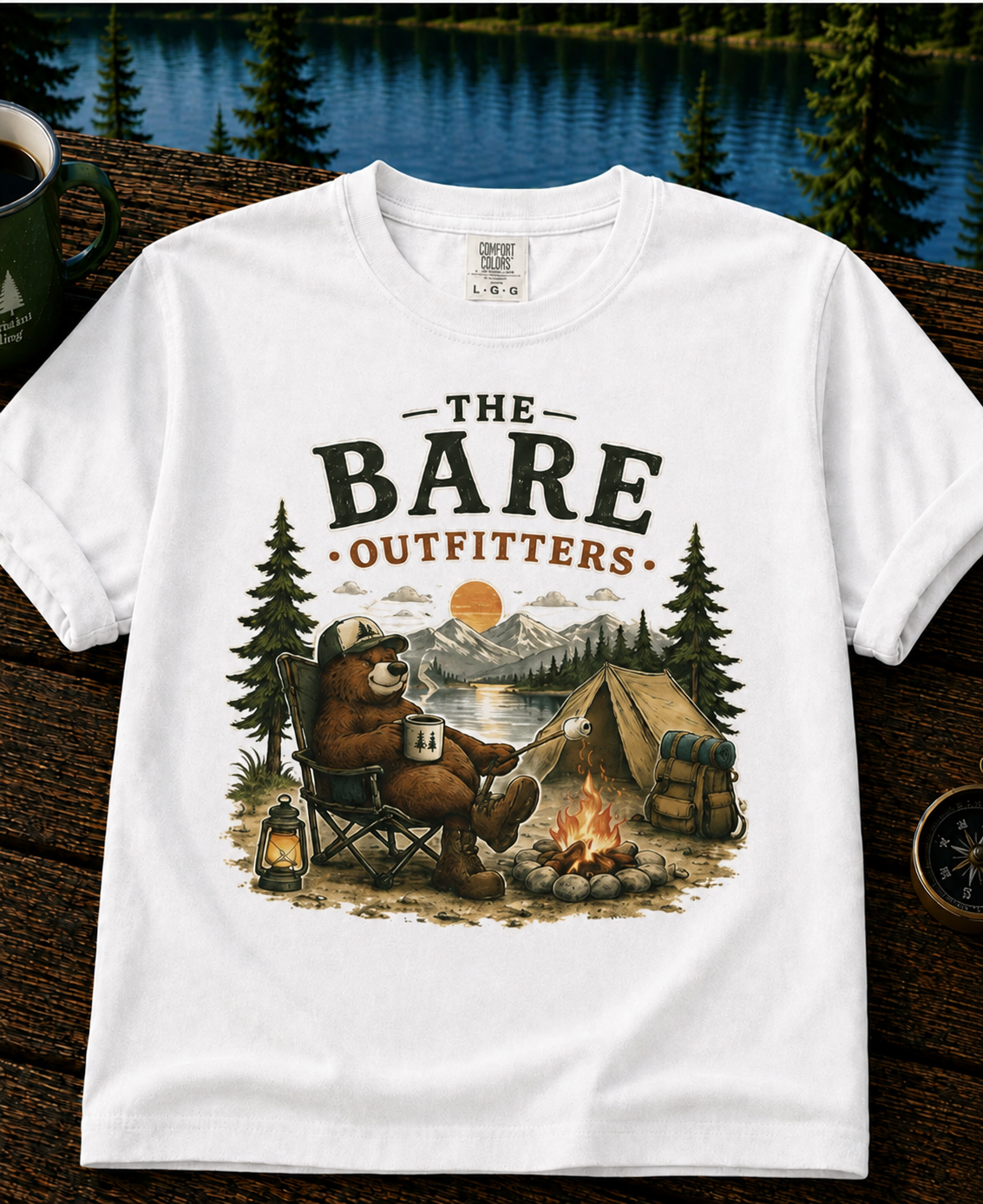 Camping Bear Graphic T-Shirt — “The Bare Outfitters” Outdoor Campfire Tee