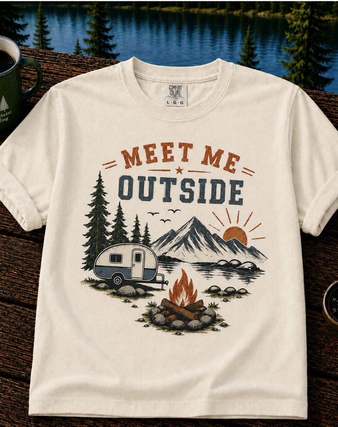 Meet Me Outside Camping T-Shirt — RV Camper, Mountains & Campfire Outdoor Tee