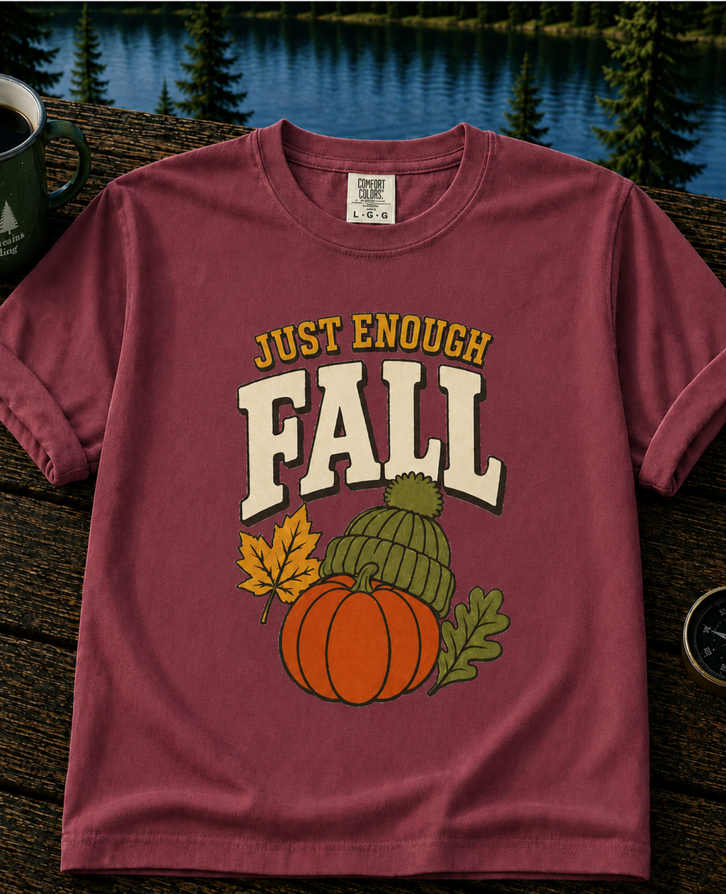 Just Enough Fall T-Shirt — Pumpkin & Knit Hat Autumn Tee