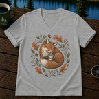 Sleeping Fox V-Neck Tee — Cozy Autumn Fox Illustration Shirt