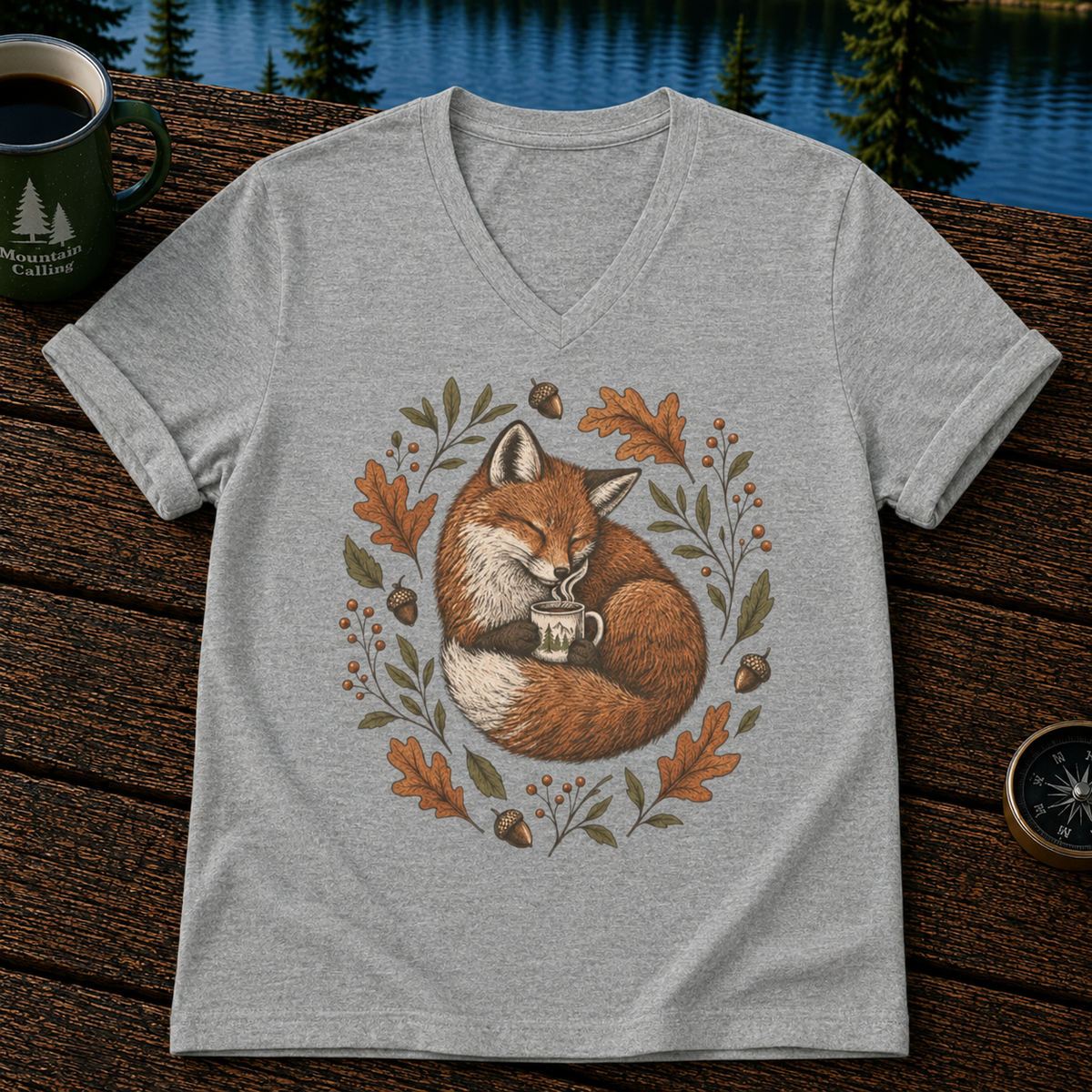Sleeping Fox V-Neck Tee — Cozy Autumn Fox Illustration Shirt
