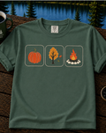 Autumn Trio Graphic T-Shirt — Pumpkin, Falling Leaf & Campfire Fall Tee