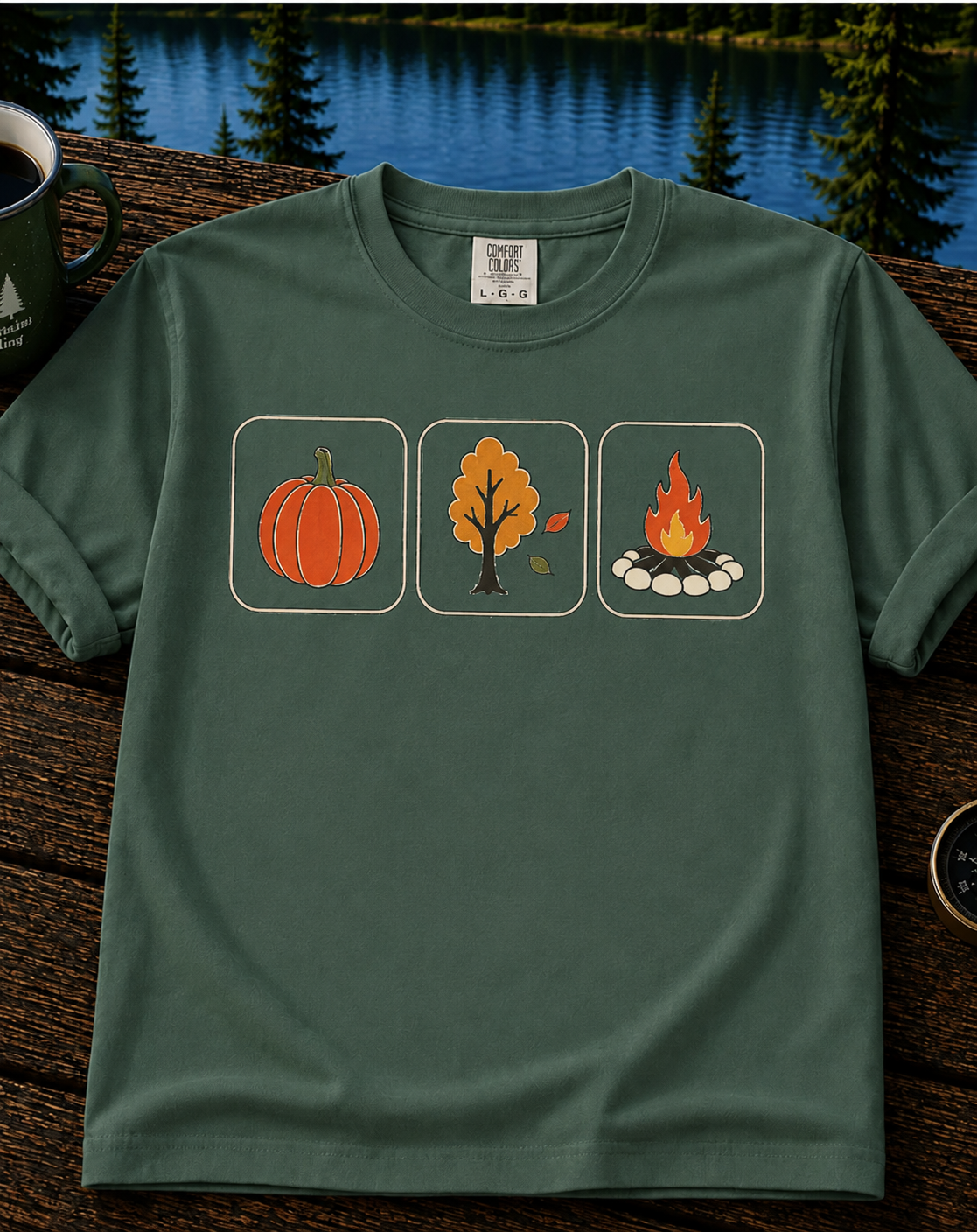 Autumn Trio Graphic T-Shirt — Pumpkin, Falling Leaf & Campfire Fall Tee